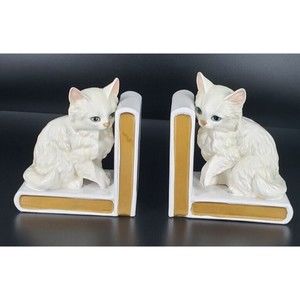 Lefton Cat Bookends 1960’s Ceramic White Fluffy Persian Cats
